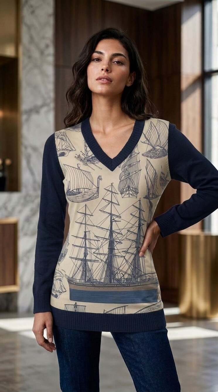 Sailboat Print V-Neck Knit Sweater